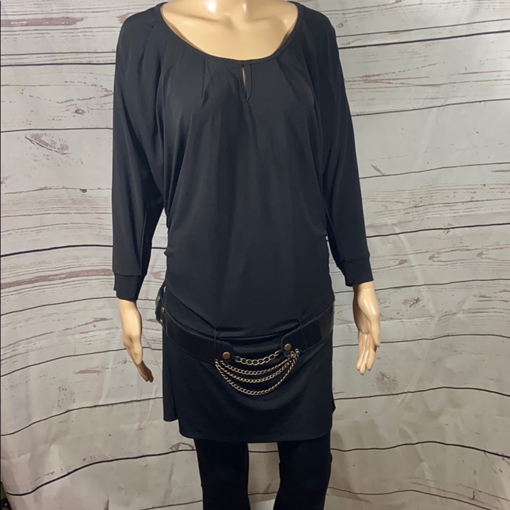 Bisou Bisou Black Low Waist Belted Knit Top Sz L